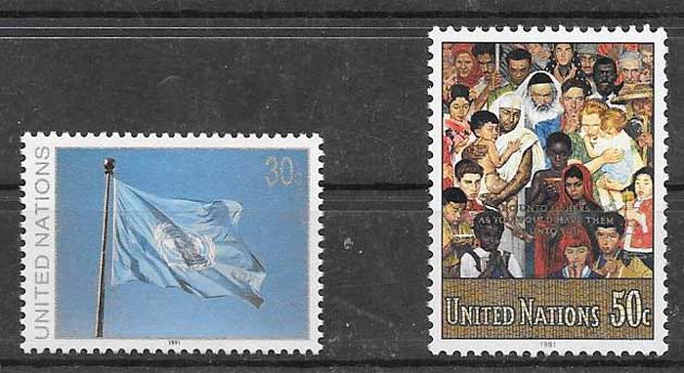 United Nations philatelic stamps and mosaic flag 1991