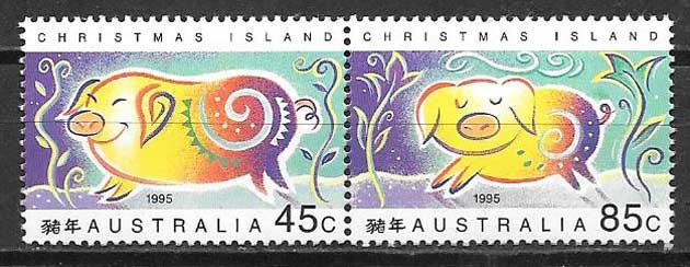 Stamps lunar year pig Christmas Island 1995